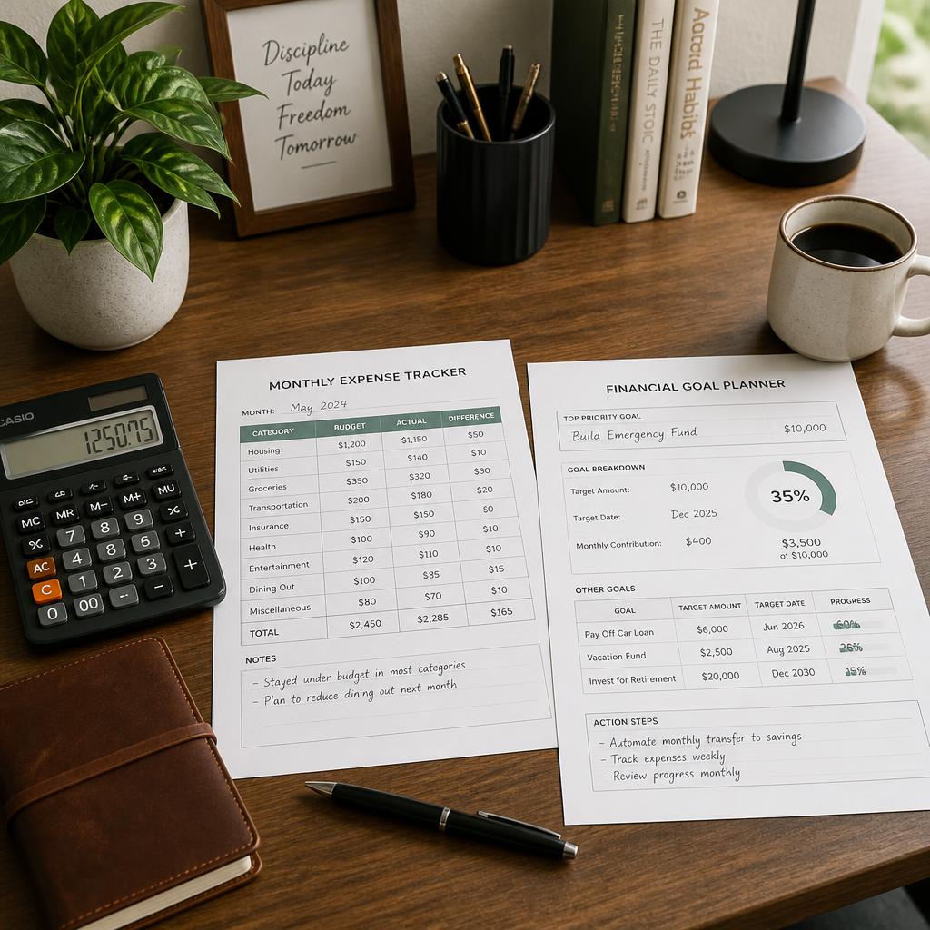 A wooden desk with a calculator, leather journal, and green plant beside budgeting sheets showing monthly expense tracking and financial goal planning in a modern home office setting