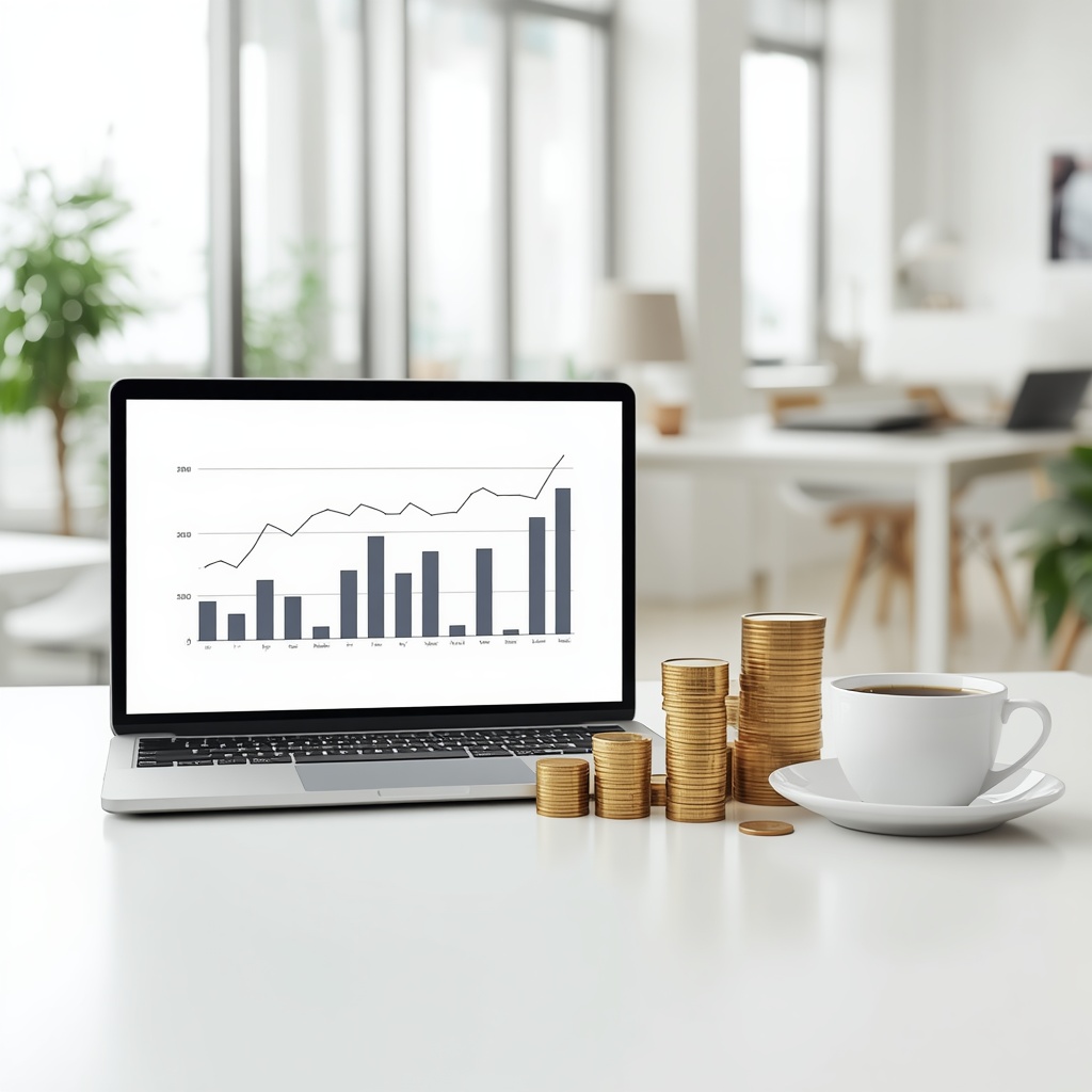 A minimalist workspace with a laptop displaying financial charts, a coffee cup, and stacked coins representing investment growth and wealth building in a bright modern office
