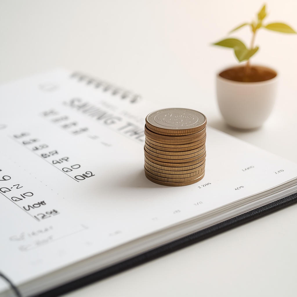 A close-up of stacked coins and a notebook with handwritten budget calculations, a pen, and a small plant on a clean white desk representing steady savings growth